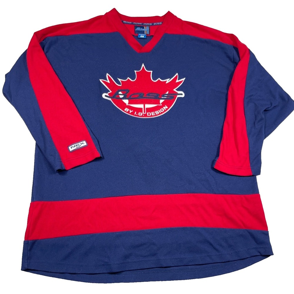Vintage Boss Hockey Jersey Men XL Blue Red Colorblock Canada Leaf V Neck Heavy